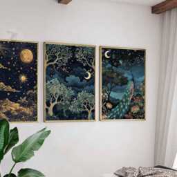 William Morris Set Of 3 Posters, Gold Decor, Print, Moon Poster, Night Sky Art, Botanical Floral Bedroom Art - thumbnail 2
