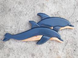 Dolphin Intarsia Wood Art, 3D Wall Decor - 15x7 Inch - thumbnail 1