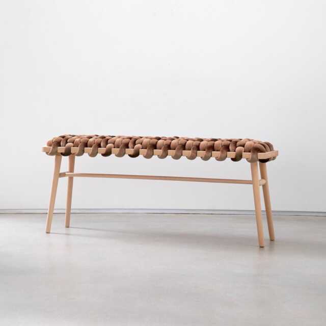 Brown Truffle Woven Bench Entryway - Handmade Beechwood Hallway Mudroom Bedroom Velvet Bench Statement - image 1