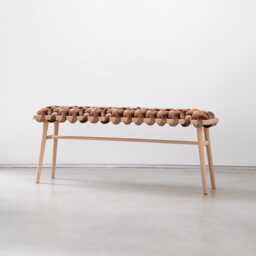 Brown Truffle Woven Bench Entryway - Handmade Beechwood Hallway Mudroom Bedroom Velvet Bench Statement - thumbnail 1