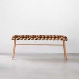 Brown Truffle Woven Bench Entryway - Handmade Beechwood Hallway Mudroom Bedroom Velvet Bench Statement - thumbnail 2