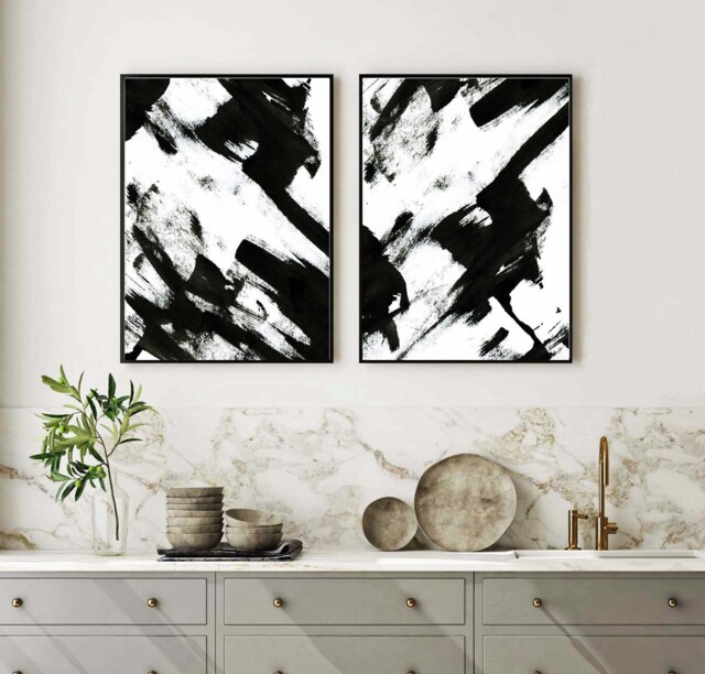Set Of 2 Abstract Black White Art Poster Prints Pair, Monochrome Simple Bedroom Lounge Hallway Kitchen, Brush Stroke Detail Texture - image 1