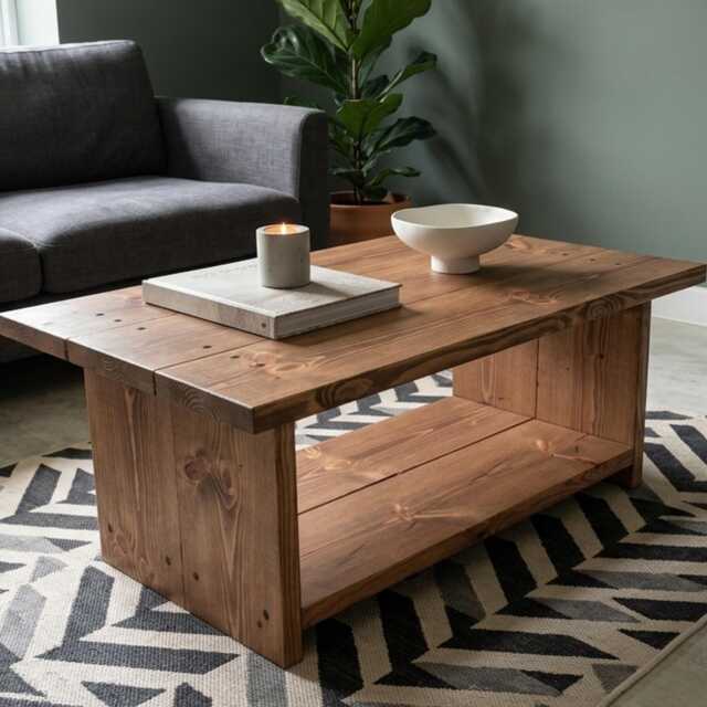 Coffee Table With Lower Shelf Handmade From Solid Pine - image 1