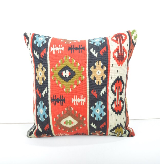 Handmade Kilim Pillow Cover, Wool Throw Pillow, Anatolian Design - 16x16 - image 1