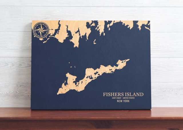 Fishers Island, New York Map - Engraved Wood Coastal Chart Wall Art Sign, Beach Home Decor Nautical Print, Unique Personalized Family Gift - image 1