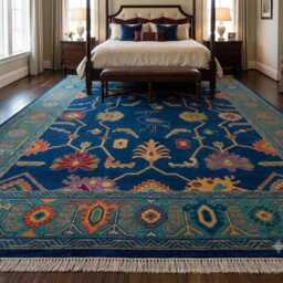 8x10/9x12 Turkish Oushak Rug, Hand Knotted Wool Area Blue Ivory Floral Rug Persian Style Carpet Traditional Oriental Large - thumbnail 2