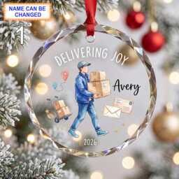 Delivering Joy Christmas Glass Ornament, Custom Delivery Worker Keepsake With Packages, Hand Truck, Mail & Festive Details