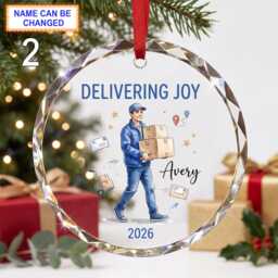 Delivering Joy Christmas Glass Ornament, Custom Delivery Worker Keepsake With Packages, Hand Truck, Mail & Festive Details - thumbnail 2