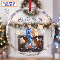 Delivering Joy Christmas Glass Ornament, Custom Delivery Worker Keepsake With Packages, Hand Truck, Mail & Festive Details - thumbnail 3