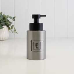 Brushed Stainless Steel Soap Dispenser With Black Square Label - Refillable Eco Pump Bottle Minimalist Metal Hand Wash Container 250Ml