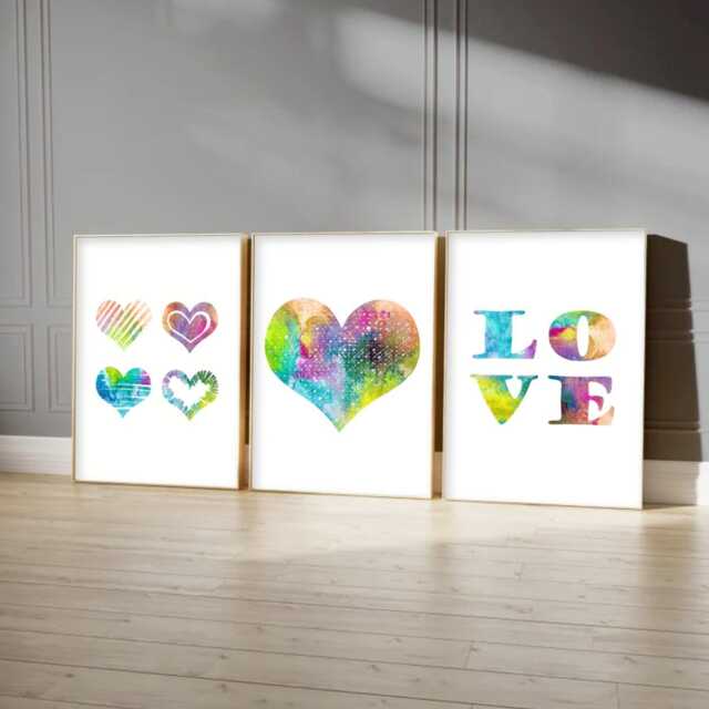 Watercolour Love Heart Prints Modern Girls Bedroom Wall Art Decor - image 1