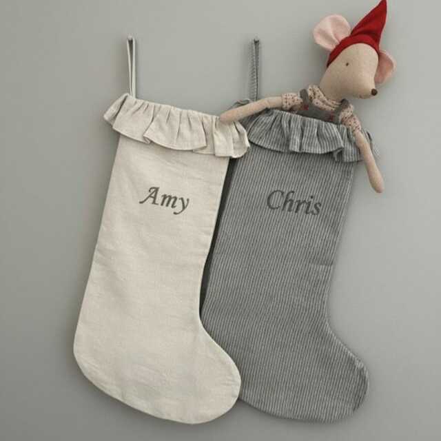 Personalized Linen Stocking With Ruffles, Handmade Family Name Stocking, Xmas Customized Kids Gift For Christmas Home_1021 - image 1