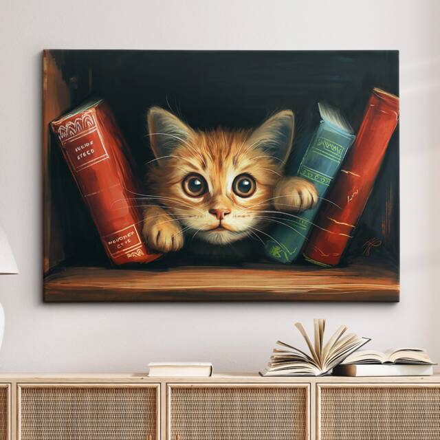 Cat in Bookshelf Animal Art Abstract Oil Painting Framed Poster Print & Canvas Wall Living Home Decor Interior Gift - image 1