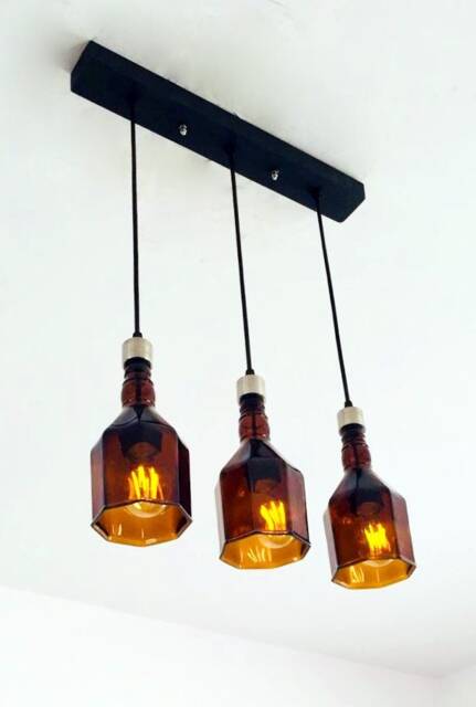 Industrial Light Fixture - Chandelier Ceiling Lamp Made From Amber Brown Whiskey Bottles For Home, Bar & Kitchen Island - image 1