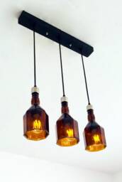 Industrial Light Fixture - Chandelier Ceiling Lamp Made From Amber Brown Whiskey Bottles For Home, Bar & Kitchen Island