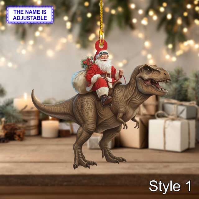 Santa Riding T-Rex Acrylic 2D Flat Christmas Ornament, Festive Tree Hanging Holiday Decoration, Unique Dinosaur Gift - image 1