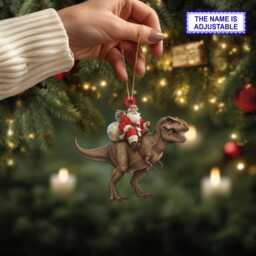 Santa Riding T-Rex Acrylic 2D Flat Christmas Ornament, Festive Tree Hanging Holiday Decoration, Unique Dinosaur Gift - thumbnail 2