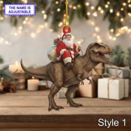 Santa Riding T-Rex Acrylic 2D Flat Christmas Ornament, Festive Tree Hanging Holiday Decoration, Unique Dinosaur Gift