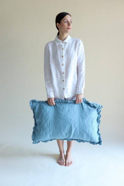 Linen Pillow Case With Small Ruffles , Linen Pillow Covers, Shabby Chic Farmhouse Pillows, Queen King, Standard Size . Euroshams - image 1