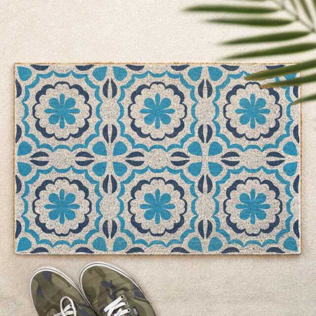 Mediterranean Tile Doormat Turquoise Floral Print Coir Door Mat - 60x40cm Non Slip Housewarming Gift Made in The UK - image 1