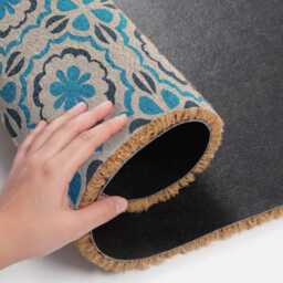 Mediterranean Tile Doormat Turquoise Floral Print Coir Door Mat - 60x40cm Non Slip Housewarming Gift Made in The UK - thumbnail 4