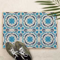Mediterranean Tile Doormat Turquoise Floral Print Coir Door Mat - 60x40cm Non Slip Housewarming Gift Made in The UK - thumbnail 2