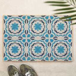 Mediterranean Tile Doormat Turquoise Floral Print Coir Door Mat - 60x40cm Non Slip Housewarming Gift Made in The UK
