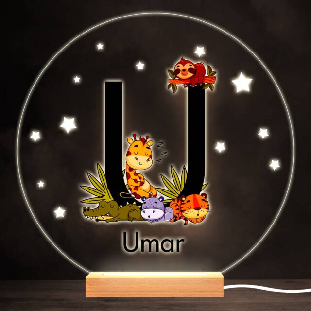 Sleeping Baby Safari Animals Letter U Round Personalised Gift Lamp Night Light - Bedroom - image 1