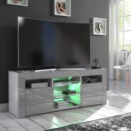 Furneo Grey Tv Stand 120cm Unit Cabinet Matt & High Gloss Puzzo G Led Lights - thumbnail 2