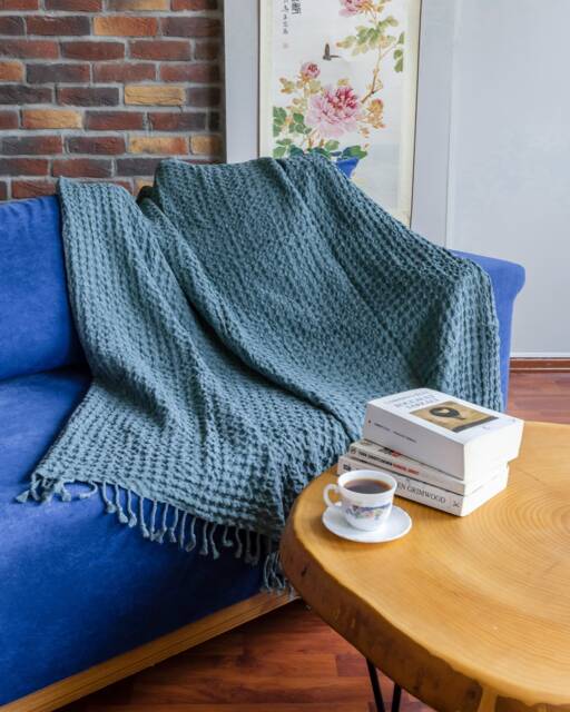 Oil Blue Big Waffle High Quality Turkish Cotton Throw Blanket, Couch Cozy Sofa Cover, Bed Spread, Porch Blanket - image 1