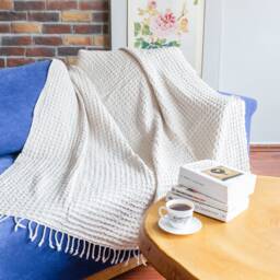 Oil Blue Big Waffle High Quality Turkish Cotton Throw Blanket, Couch Cozy Sofa Cover, Bed Spread, Porch Blanket - thumbnail 4