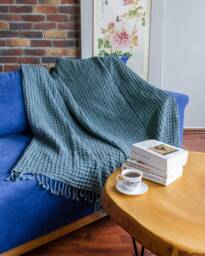 Oil Blue Big Waffle High Quality Turkish Cotton Throw Blanket, Couch Cozy Sofa Cover, Bed Spread, Porch Blanket - thumbnail 1
