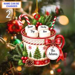 Personalized Family Marshmallow Mug Ornament, Custom Name Christmas Cup Acrylic Or Wood Tree Decor Holiday Gift - thumbnail 2