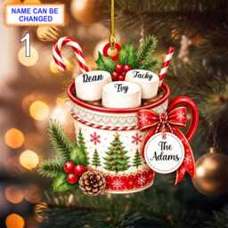 Personalized Family Marshmallow Mug Ornament, Custom Name Christmas Cup Acrylic Or Wood Tree Decor Holiday Gift
