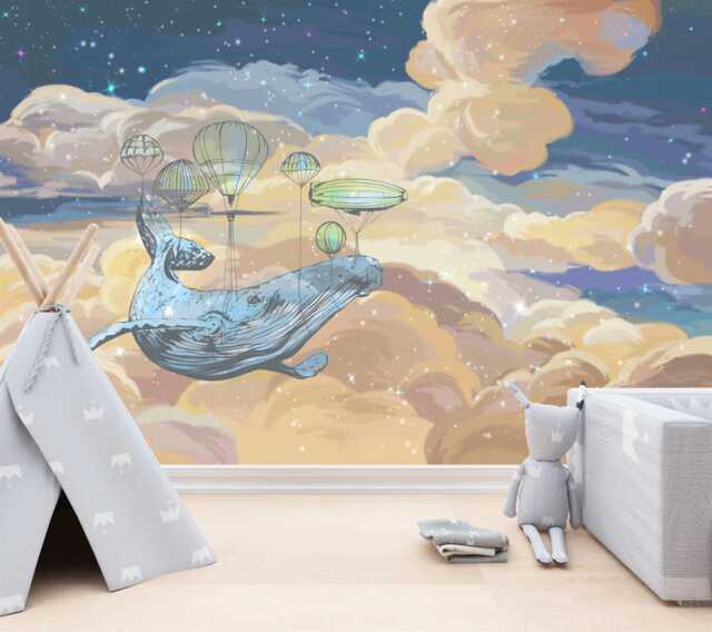 Starry Sky Whale Mural, Kids Nursery Wallpaper, Peel & Stick - image 1