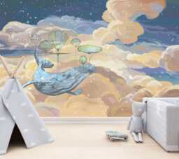 Starry Sky Whale Mural, Kids Nursery Wallpaper, Peel & Stick - thumbnail 1