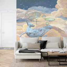 Starry Sky Whale Mural, Kids Nursery Wallpaper, Peel & Stick - thumbnail 2