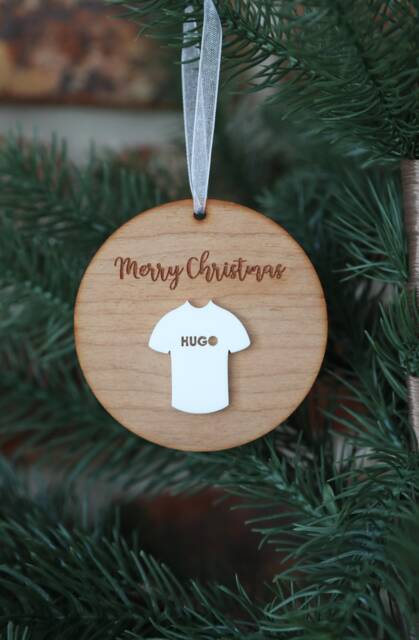 Personalised Football Shirt Christmas Ornament Engraved Wood & Acrylic - image 1