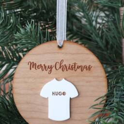 Personalised Football Shirt Christmas Ornament Engraved Wood & Acrylic - thumbnail 3