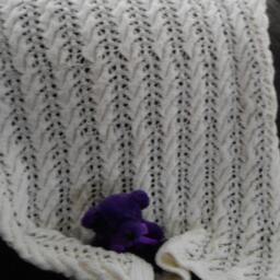 Soft-White Cables & Lace Handmade Hand-Knitted Baby Afghan, Blanket Or Lap - thumbnail 3