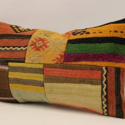 Turkish Kilim Lumbar Pillow Cover, Patchwork Wool Accent - 12x20 In - thumbnail 3