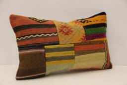 Turkish Kilim Lumbar Pillow Cover, Patchwork Wool Accent - 12x20 In - thumbnail 1