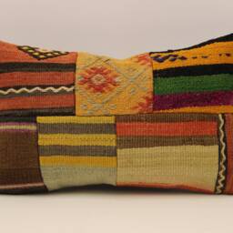 Turkish Kilim Lumbar Pillow Cover, Patchwork Wool Accent - 12x20 In - thumbnail 2