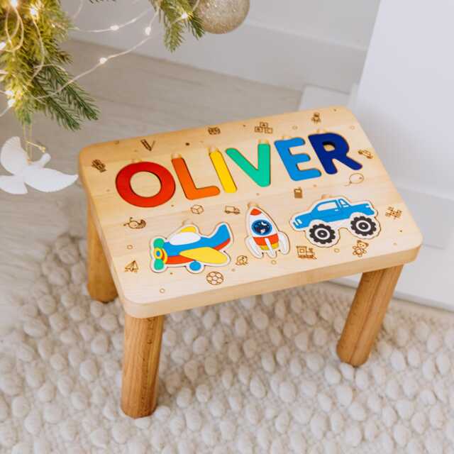 Wooden Name Step Stool. Toddler Stool Personalized. Birthday Gifts For Kids. Chair. Baby Boy Gift 1 2 3 Year Old. Puzzle - image 1