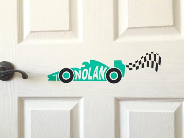 Custom Vinyl Decal - Race Car Checkered Flag Kids Room Door Wall Above Bed Personalized Name - image 1