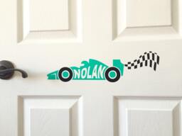 Custom Vinyl Decal - Race Car Checkered Flag Kids Room Door Wall Above Bed Personalized Name - thumbnail 1