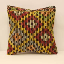 Vintage Turkish Kilim Pillow Cover, Wool Throw - 18x18 - thumbnail 1