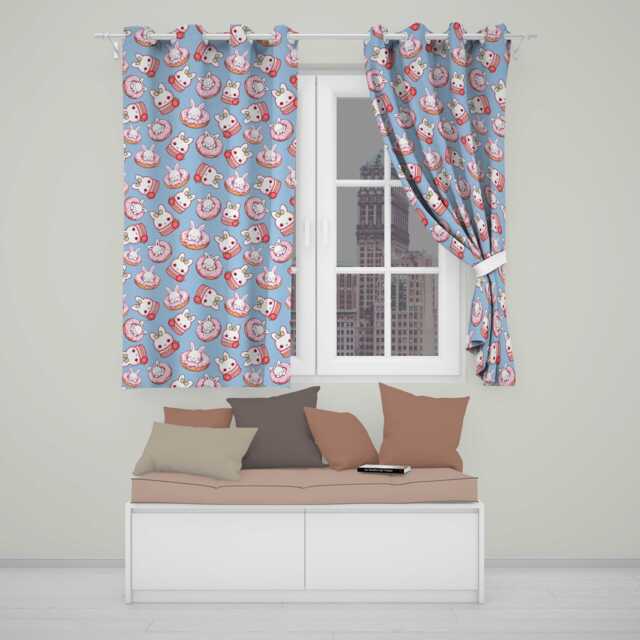 Cute Bunny Donut Strawberry Dessert Kawaii Blue Background Seamless Pattern Readymade Eyelet Ring Top Thermal 100% Blackout Curtains - image 1