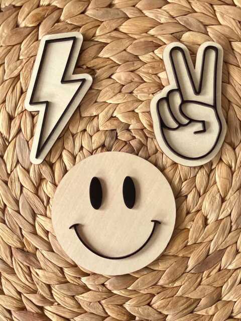 Smiley Face, Peace Sign & Lightning Wall Set. Wooden Acrylic Children, Kids Teens Bedroom Decor. Playroom Decoration - image 1