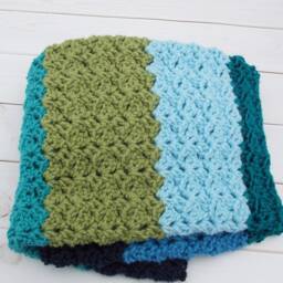 Crocheted Baby Blanket Afghan Rug - Car Seat, Stroller, Pram Multicolored Stripes Blue Teal Green Gender Neutral Boy Or Girl - thumbnail 2
